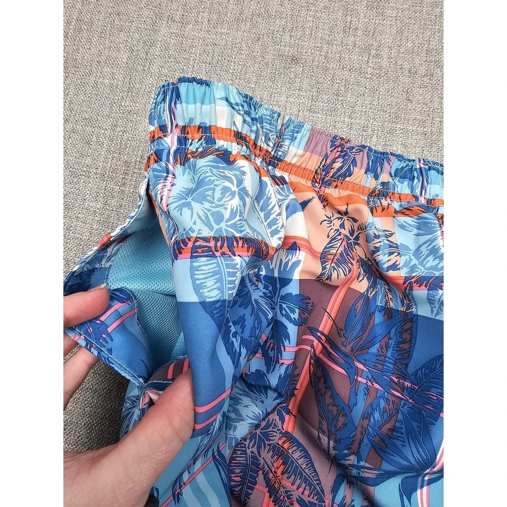 Tommy Bahama Swim Trunks Mens XL Blue Tropical Floral Plaid Mesh Lined Pockets